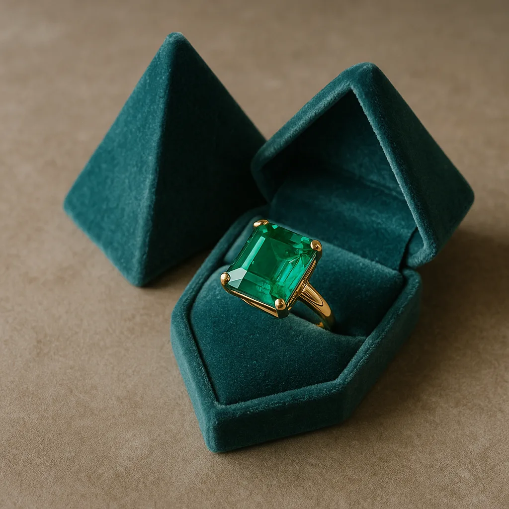 Pyramid-shaped Velvet Box Containing a Gold Ring Adorned