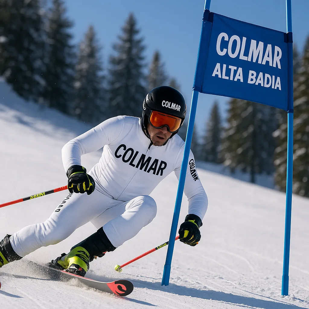 Skier in a White Colmar Uniform Navigates a Downhill Slalom