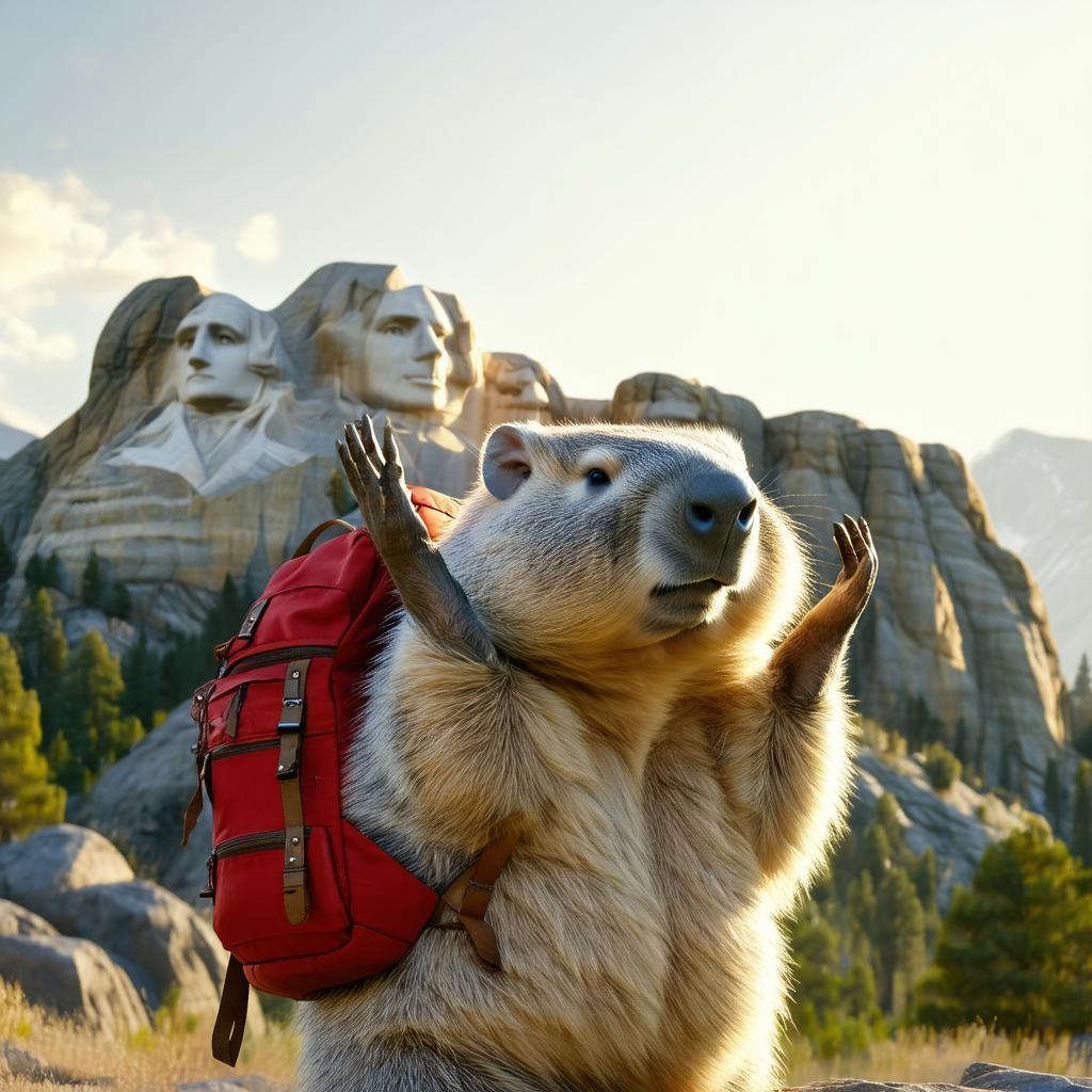Wombat With Red Backpack at Mount Rushmore