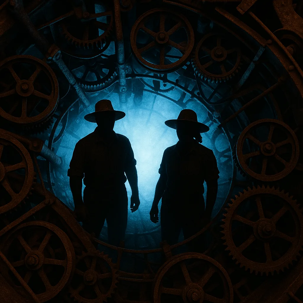 Two Diverse Threshers Radiate Within Intricate Rusted Machinery