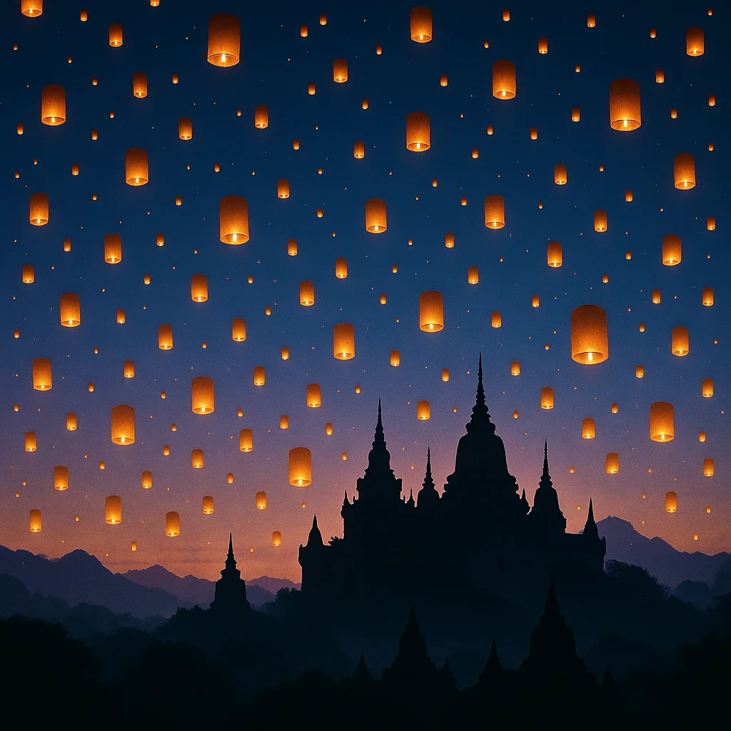 Hundreds of Flickering Lanterns Ascend into a Twilight Sky