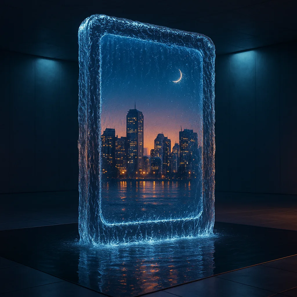 Futuristic Water Sculpture Resembling an Oversized Tablet Commands Attention