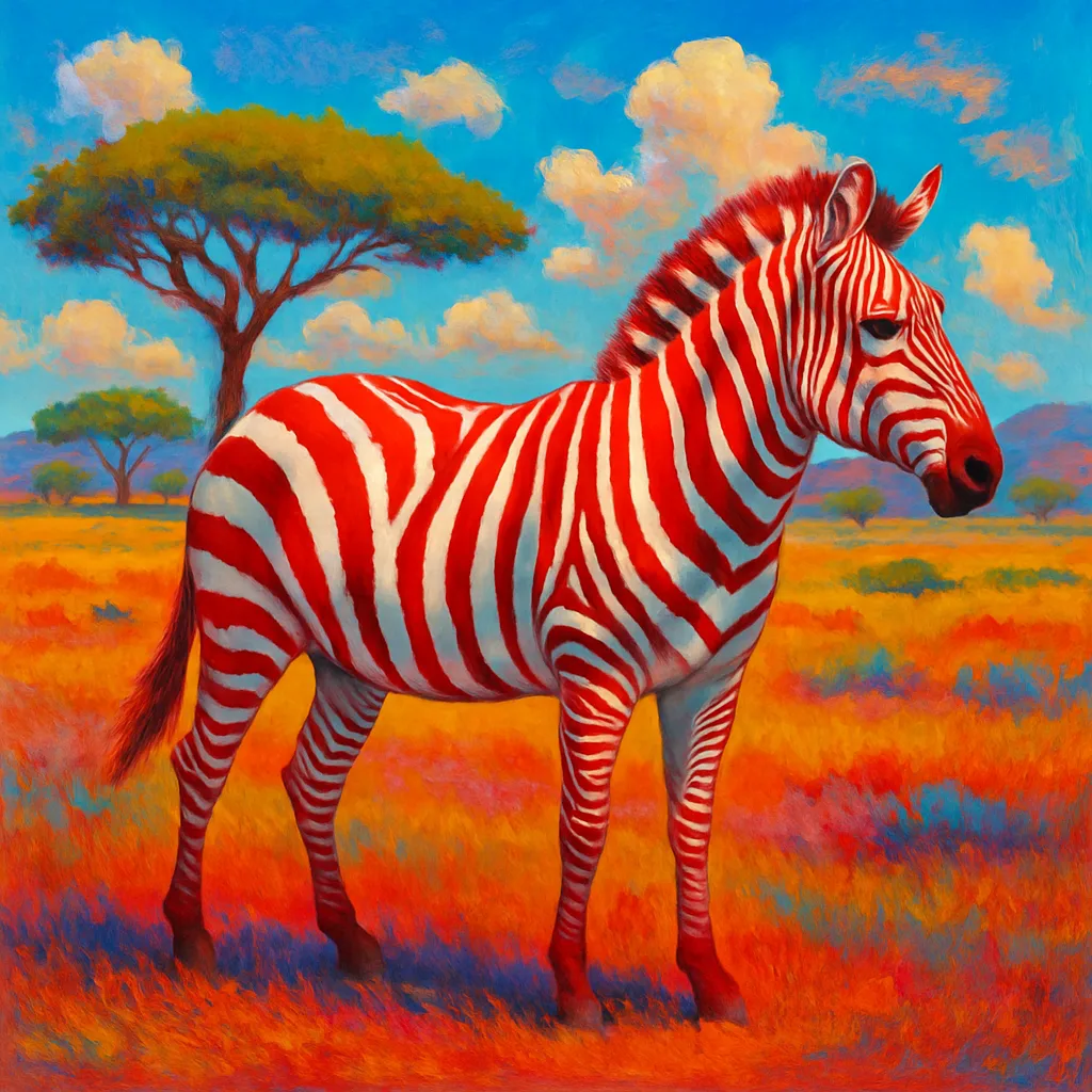 Depiction of a Zebra with Crimson Stripes