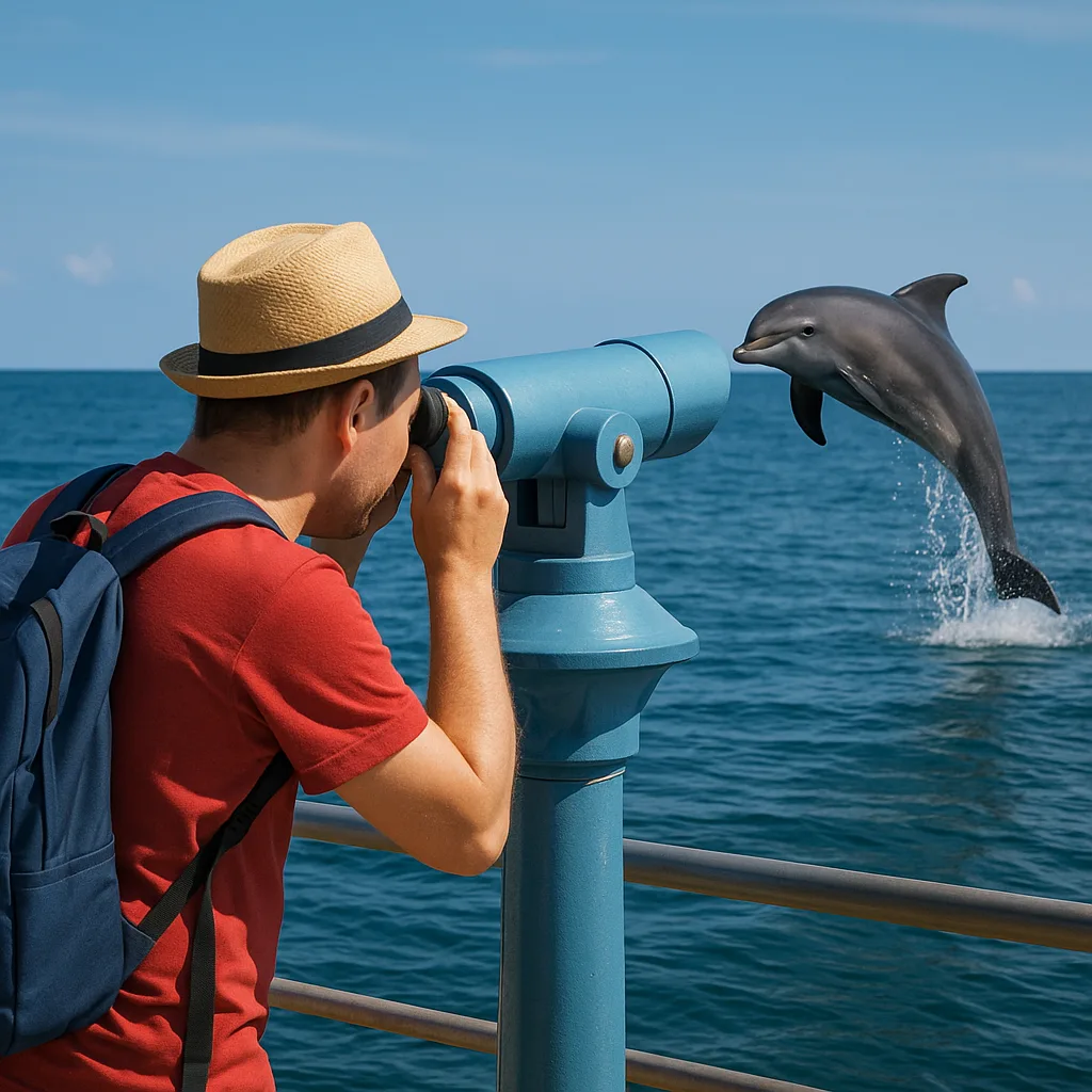Visitor by the Seaside Is Using a Telescope to Watch