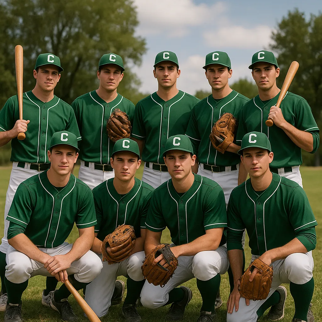Baseball Team Dressed in Green and White Uniforms Poses Outdoors