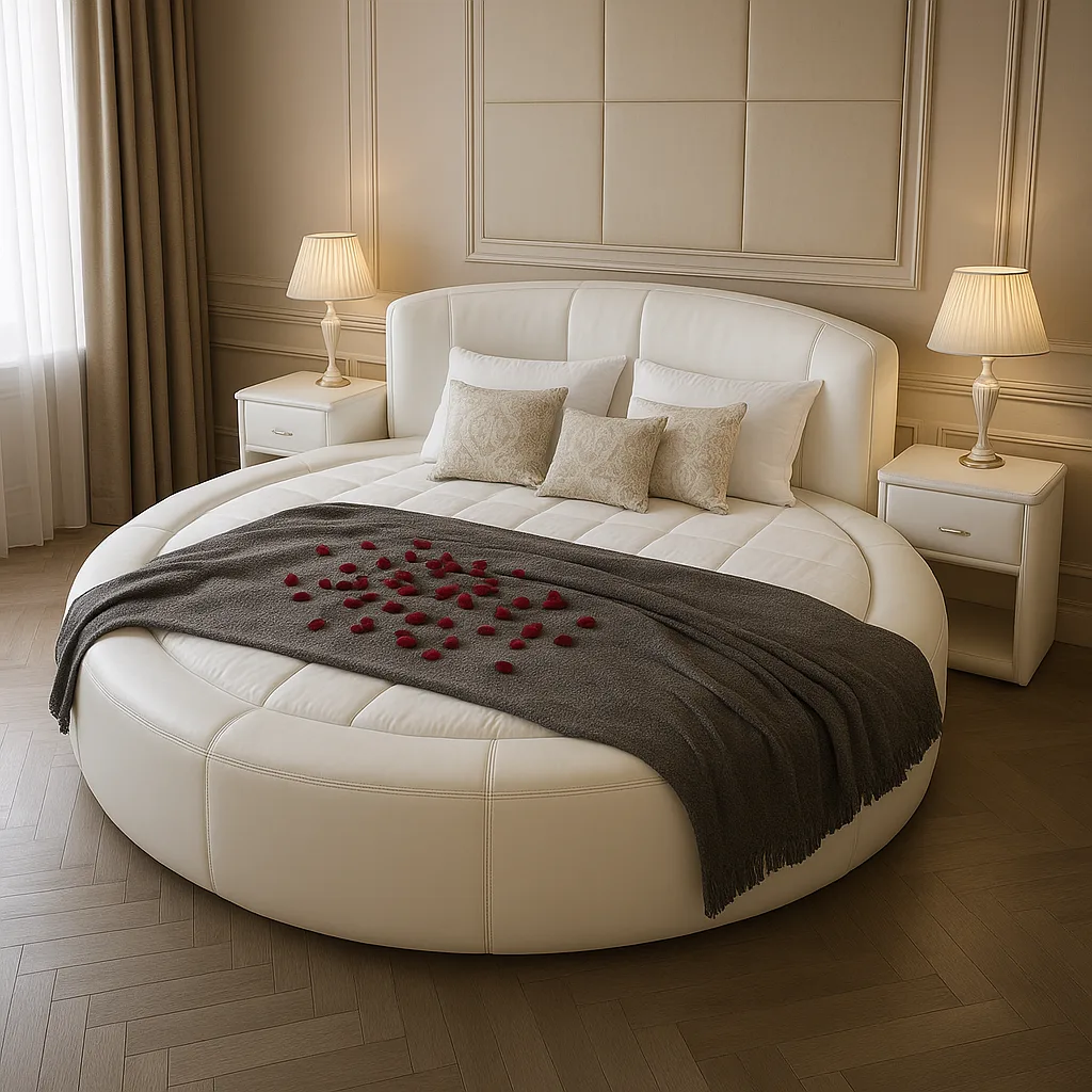 Luxurious White Leather Round Bed with Integrated Side Tables