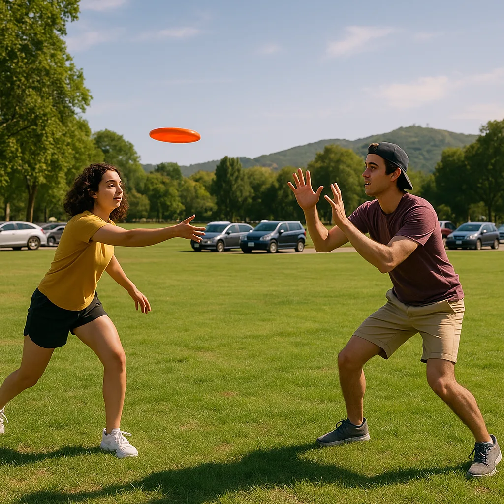 Two People Playing Frisbee in a Grassy Park