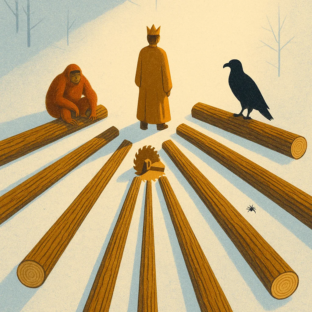 Ruler Figure Surveys a Lumbermill's Radiating Lines