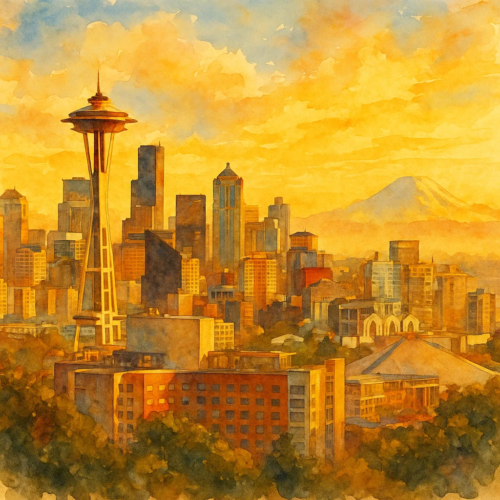 Elaborate Watercolor Painting of Downtown Seattle