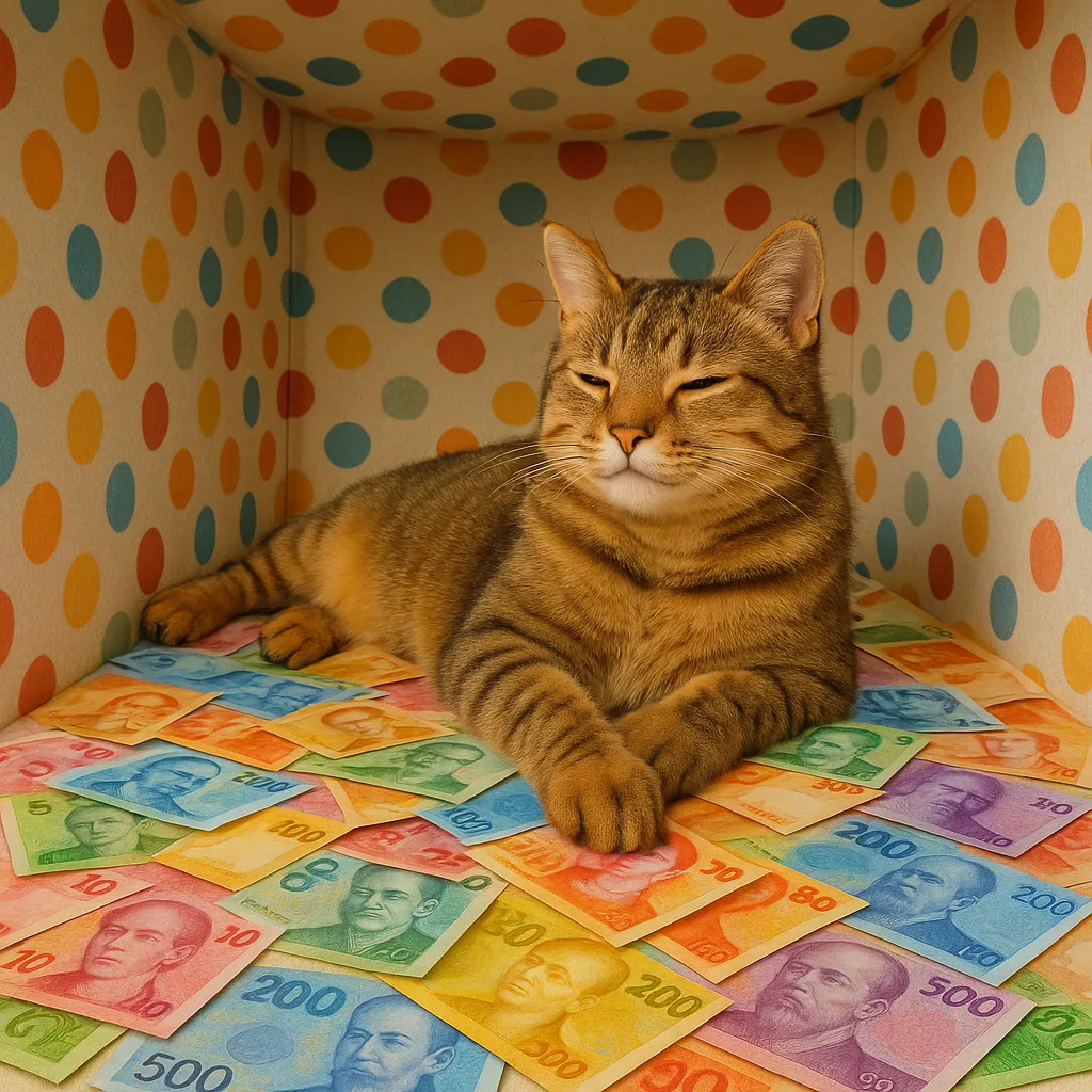 Cat Lounging on a Pile of Colorful Banknotes Inside
