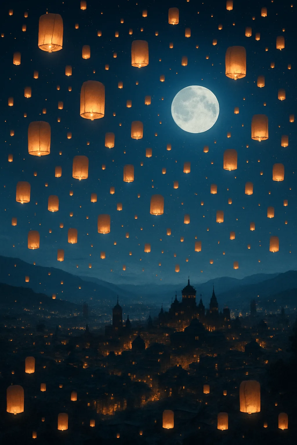 Hundreds of Flickering Paper Lanterns Drift Skyward Above a Distant