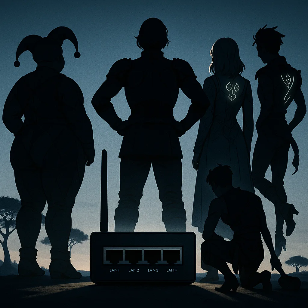 Five Figures and a Matte Black Rectangular Modem