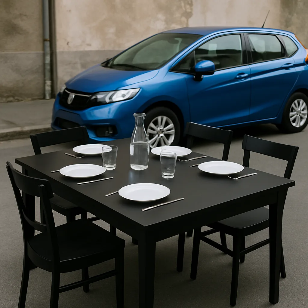 Blue Automobile Alongside a Black Table