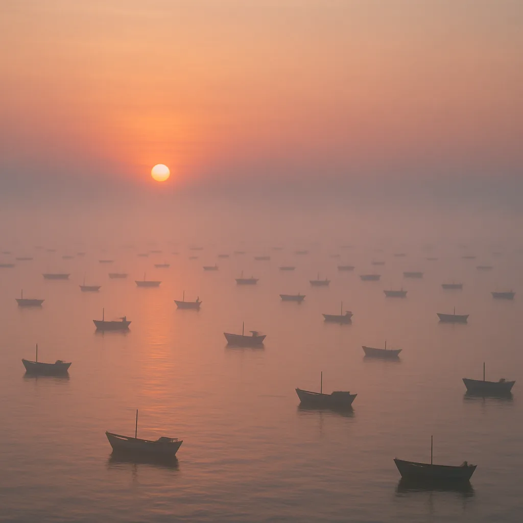 Numerous Tiny Fishing Boats Are Spread Far Across a Calm