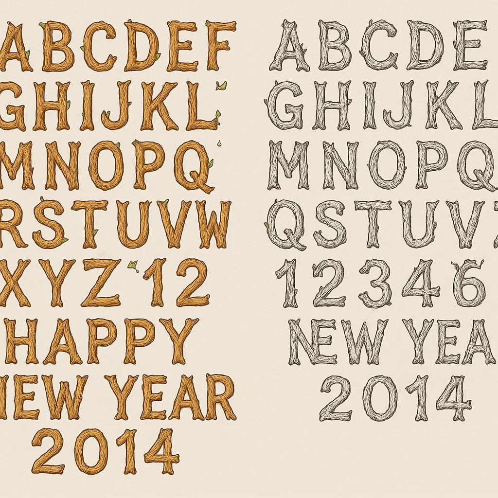 Alphabet and Numbers Crafted from Tree Branches Displayed in Two