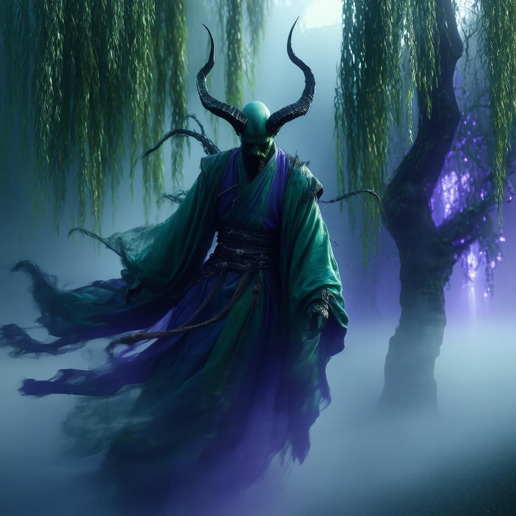 Bald Merchant Demon Floating by the Willow