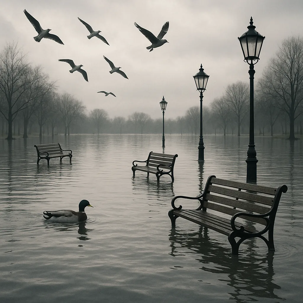 Flooded Park with Submerged Benches