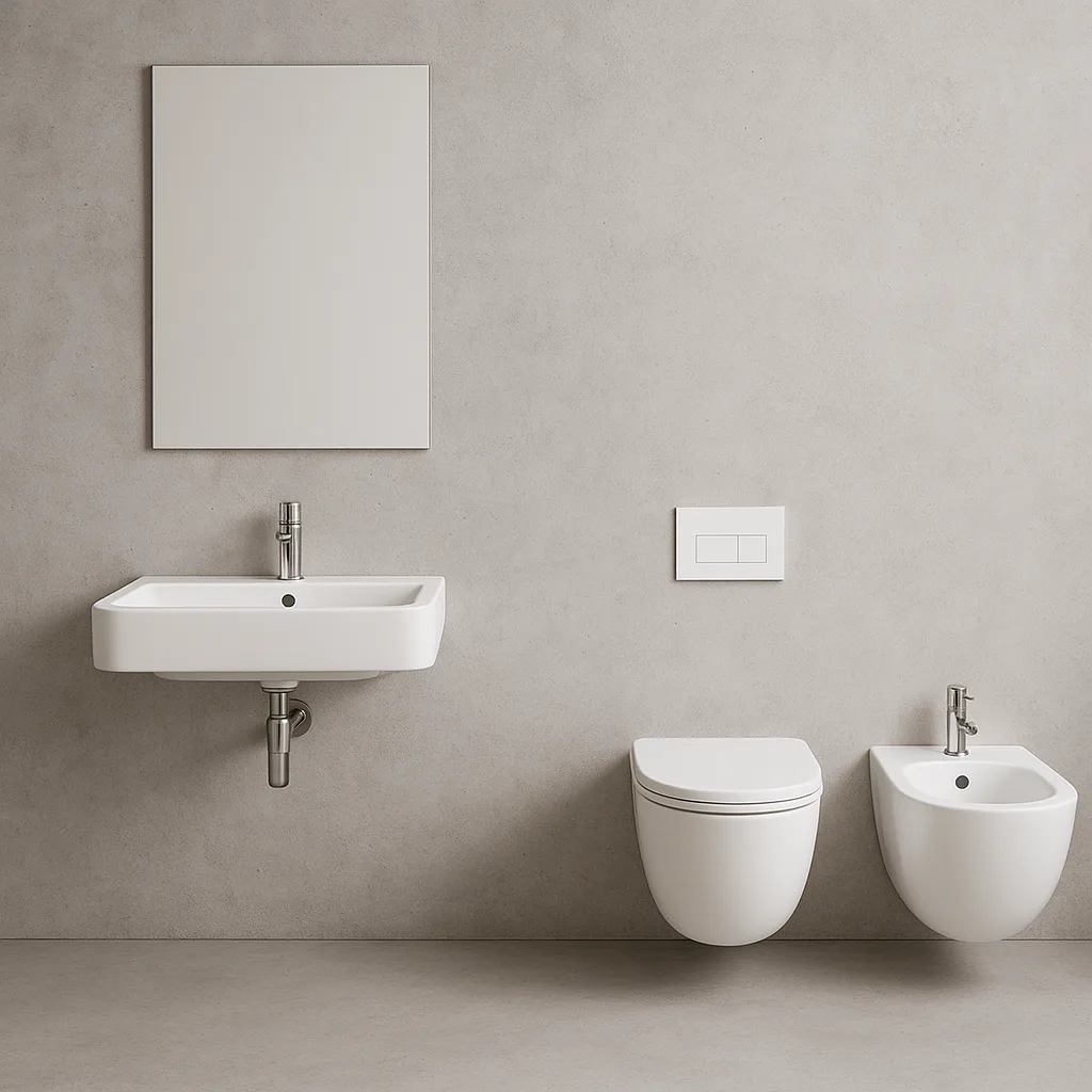 Minimalist Bathroom with a Concrete Wall Featuring a White Sink