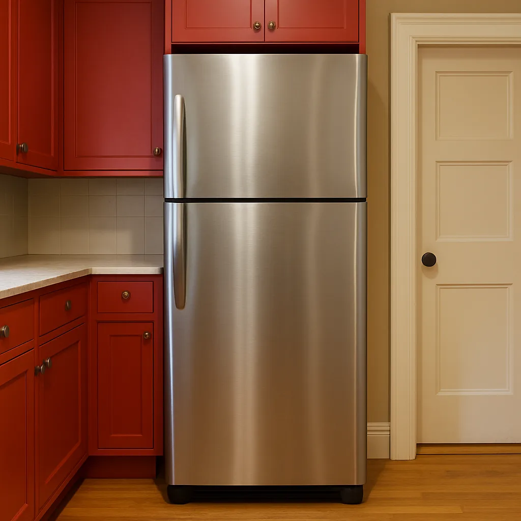 Stainless Steel Refrigerator Stands Between Red Cabinets
