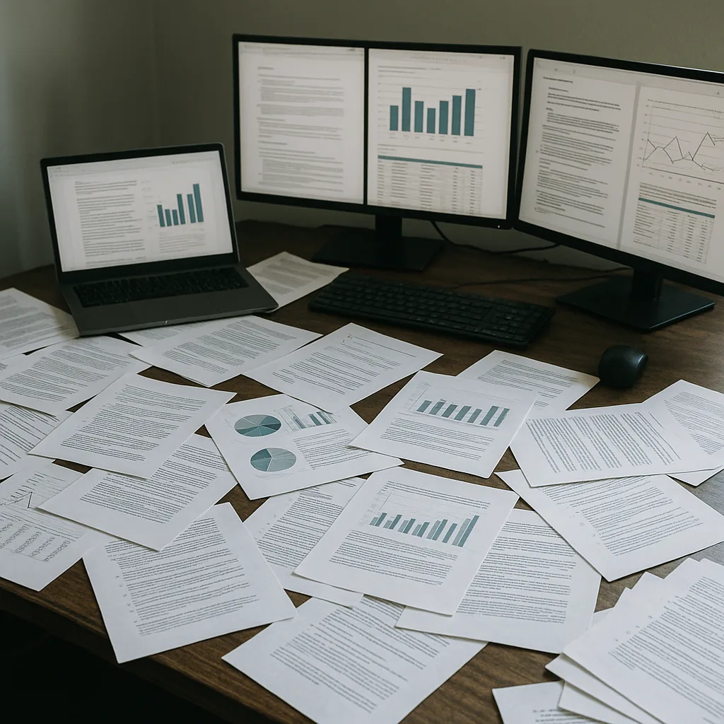 Desk Filled with Various Papers Strewn About