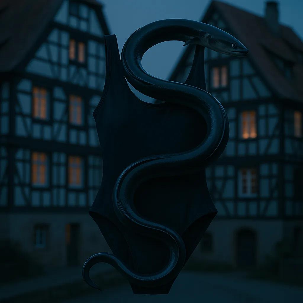 Sleek Eel Coils Around a Luxurious Maillot Before Timber-framed Houses