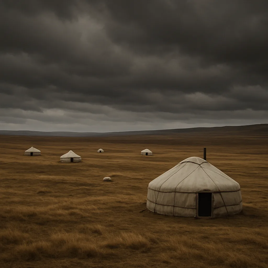 Several Nomadic Yurts Are Sparsely Scattered Across a Vast