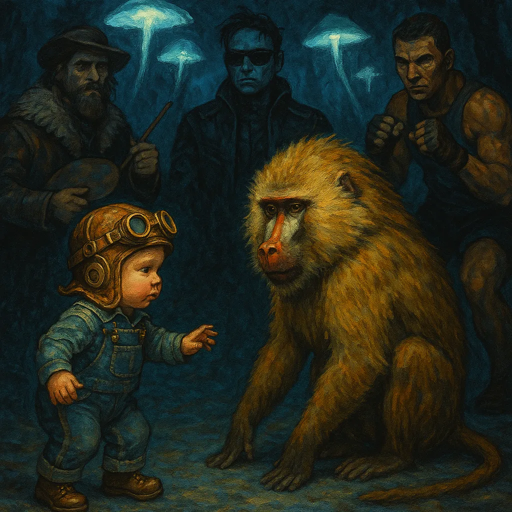 Steampunk Toddler in Denim Cautiously Nears a Yellowish-brown Baboon