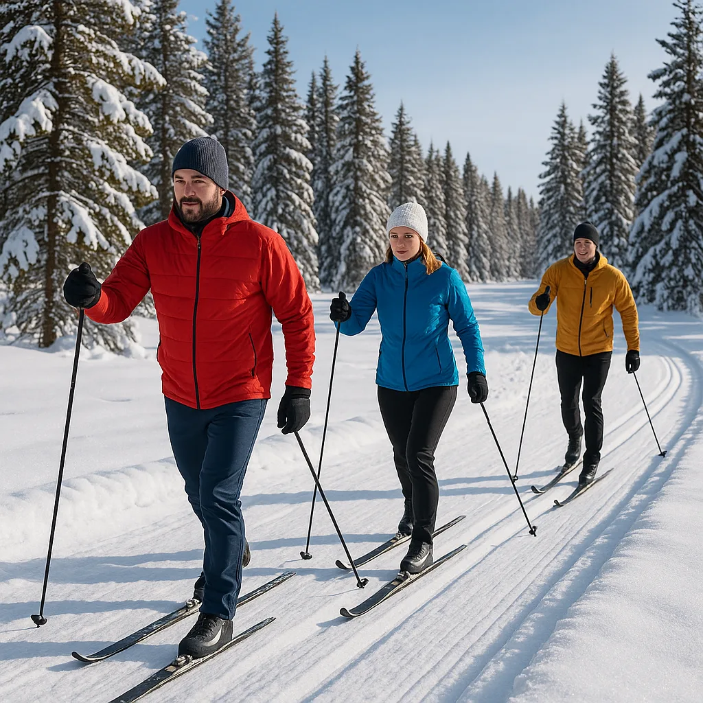 Three People Cross-country Skiing on a Snowy Landscape