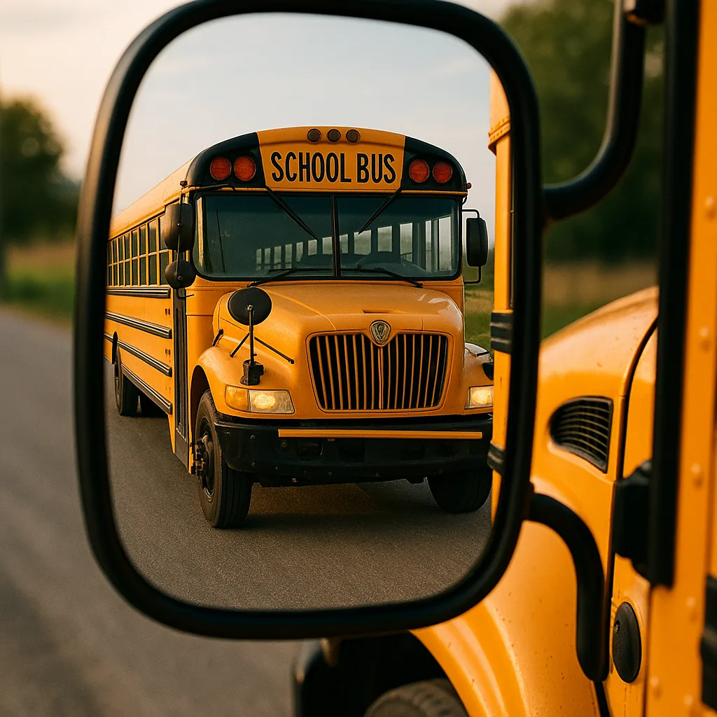 Reflection in the Side Mirror of One School Bus Shows
