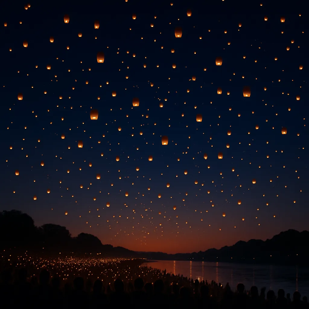 Myriad Tiny Lanterns Drift Upwards into a Deep Twilight Sky