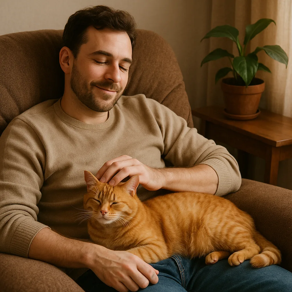 Relaxed Ginger Tabby Cat Is Being Stroked by a Man