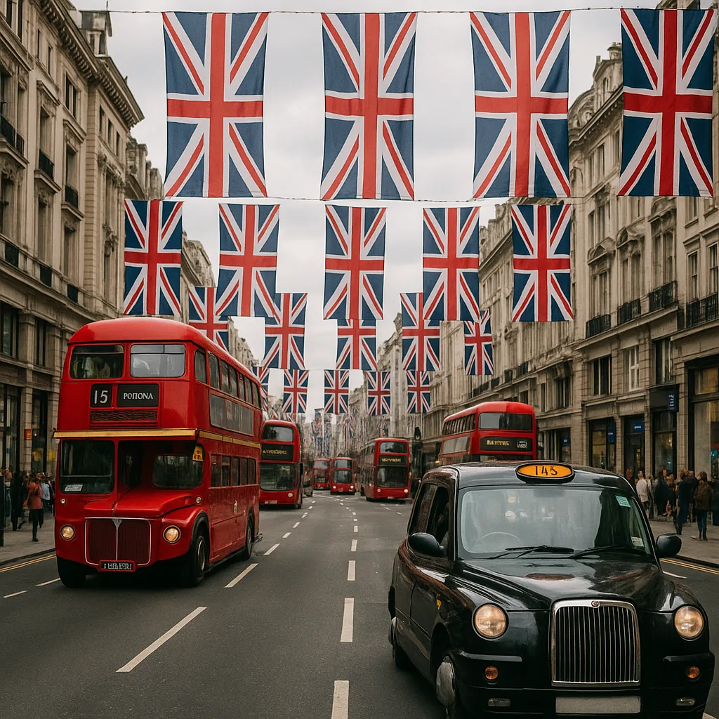 Busy London Street Decorated with Union Jack Flags