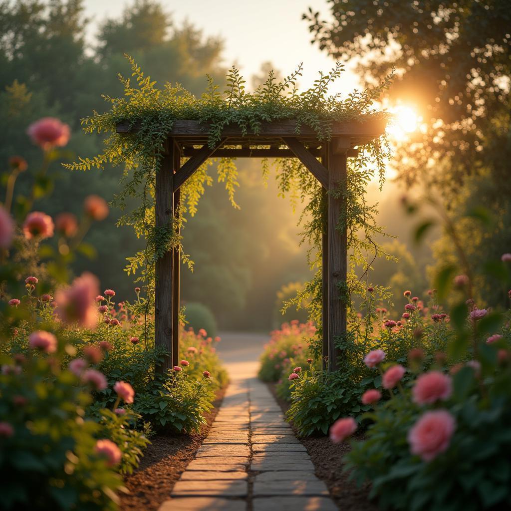 Whimsical Garden Trellis at Golden Hour