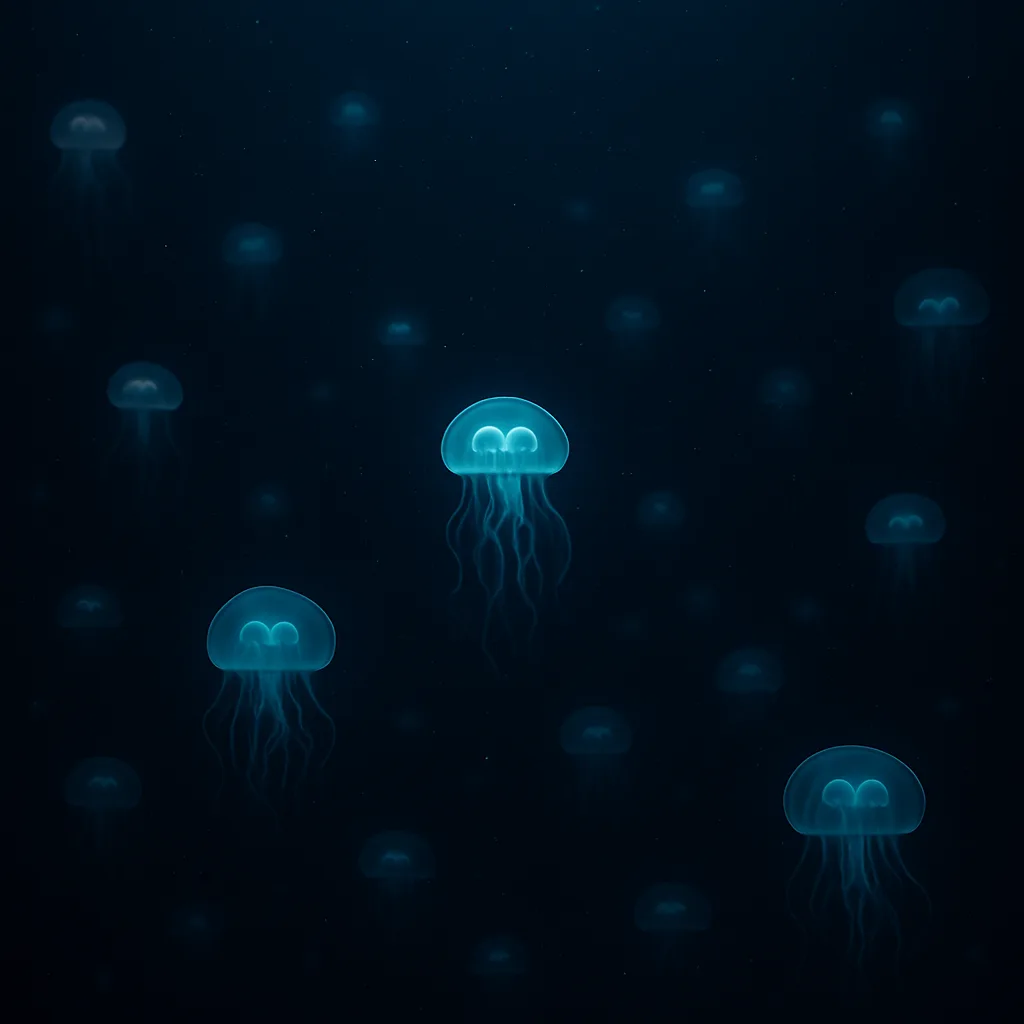 Multitude of Glowing Jellyfish Drift as Faint