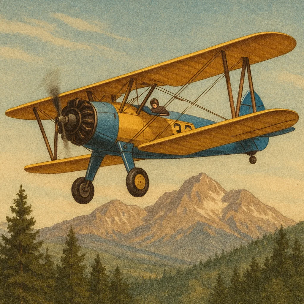 Vintage Biplane with Yellow Wings and a Blue Tail Flies