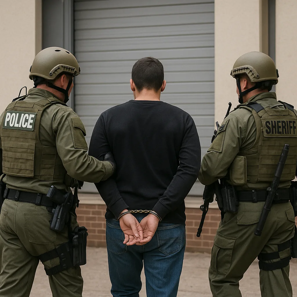 Handcuffed Individual Is Escorted by Law Enforcement Officers Wearing Tactical