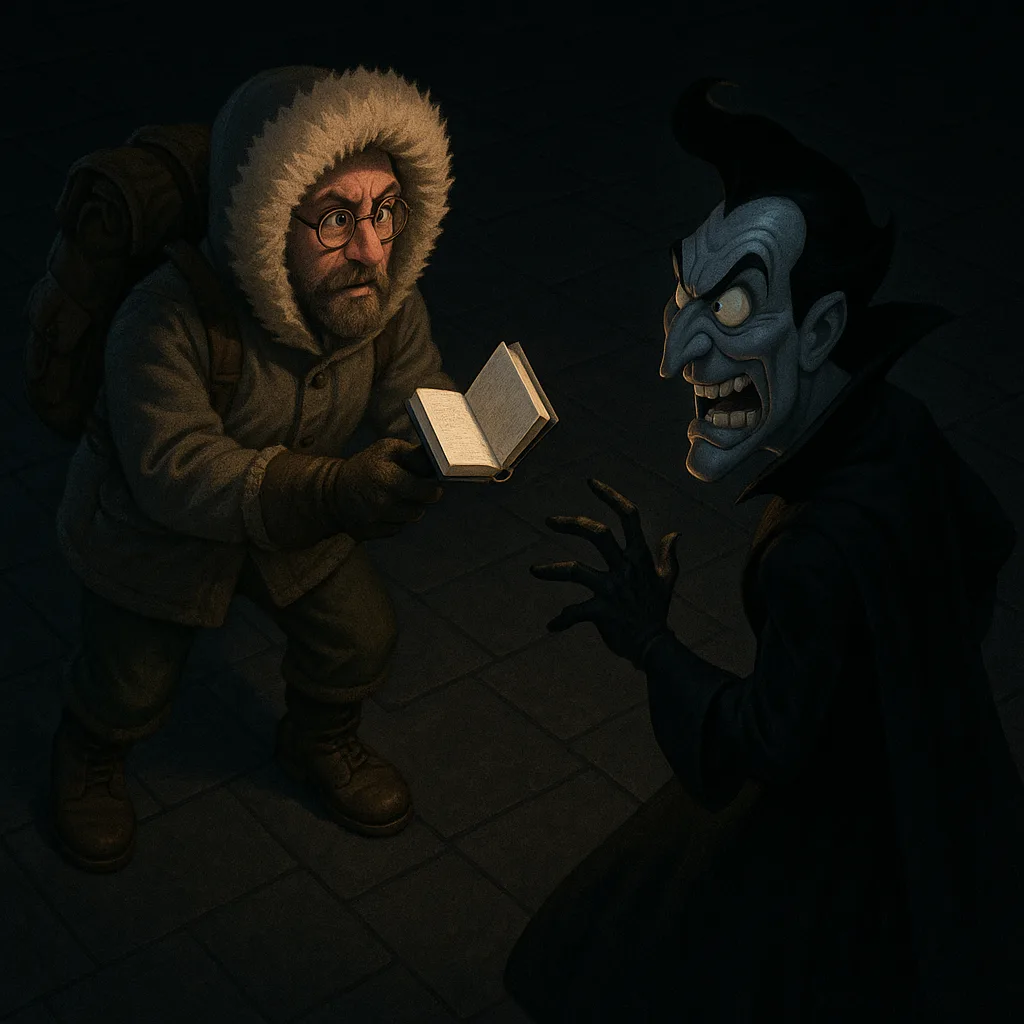 European Author in Arctic Gear Brandishes an Item
