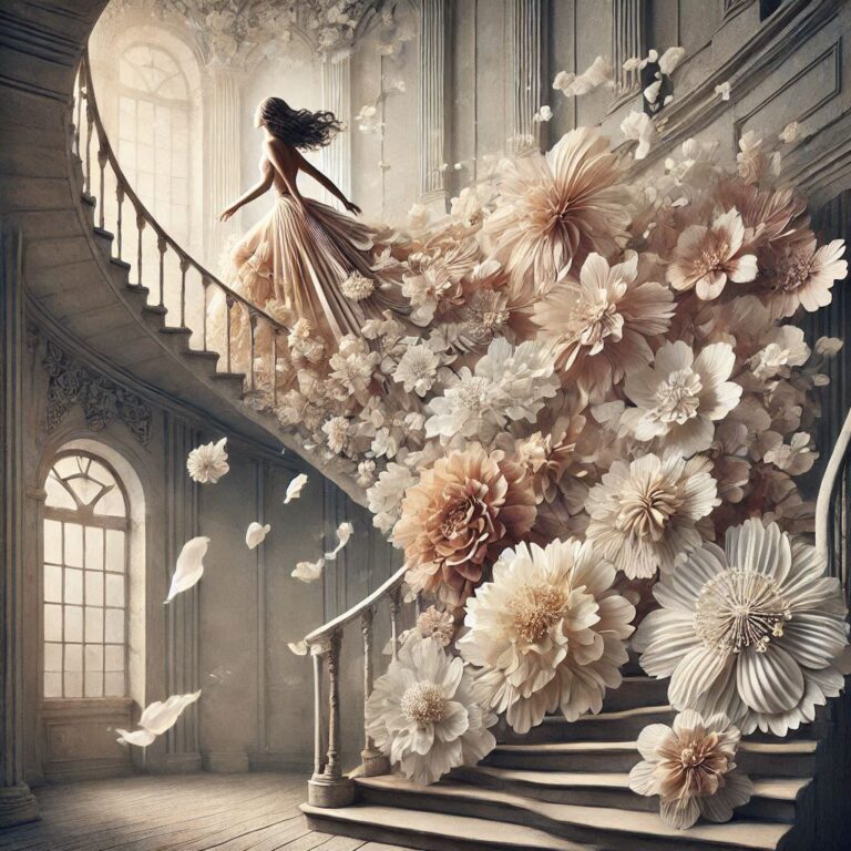 Surreal Woman Ascending Floral Staircase