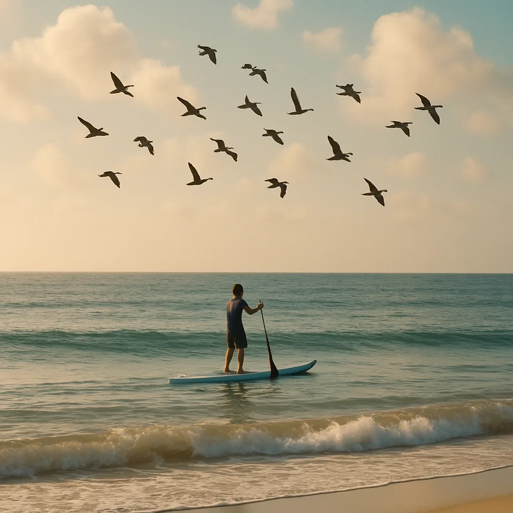 Person Paddleboarding near the Shore with a Flock of Birds