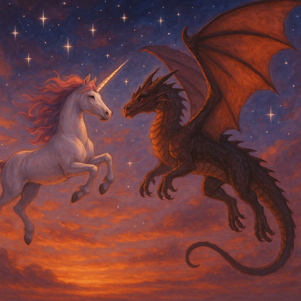 Dragon and a Unicorn Soaring Together Through a Sky