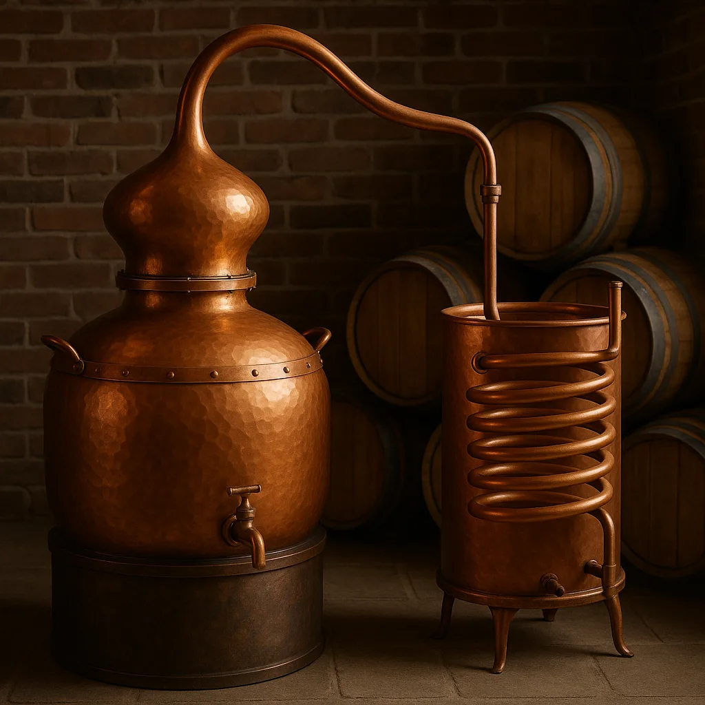 Copper Distillation Equipment with Coiled Piping and Storage Barrels