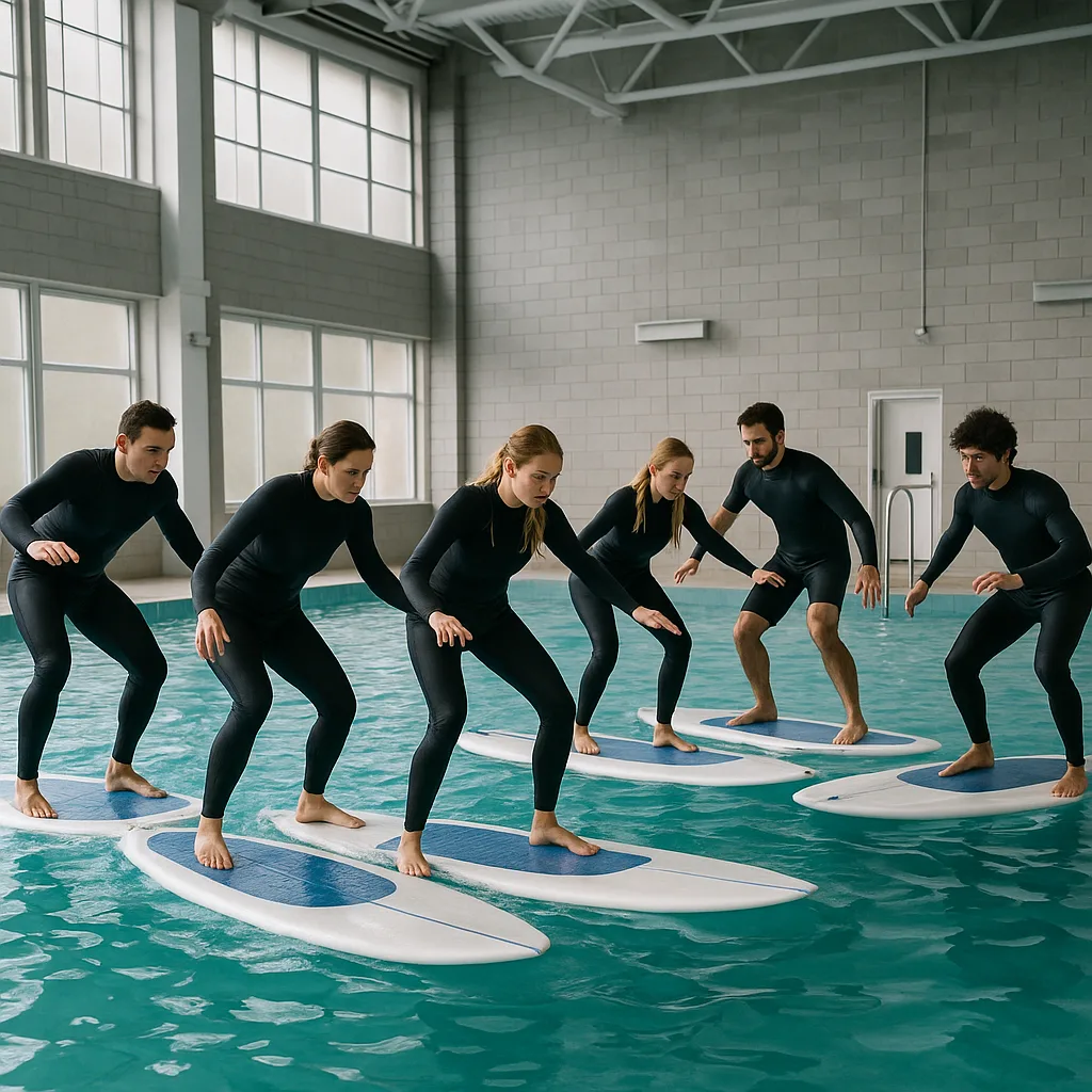 Group of People in Wetsuits Are Practicing Balancing on Surfboards