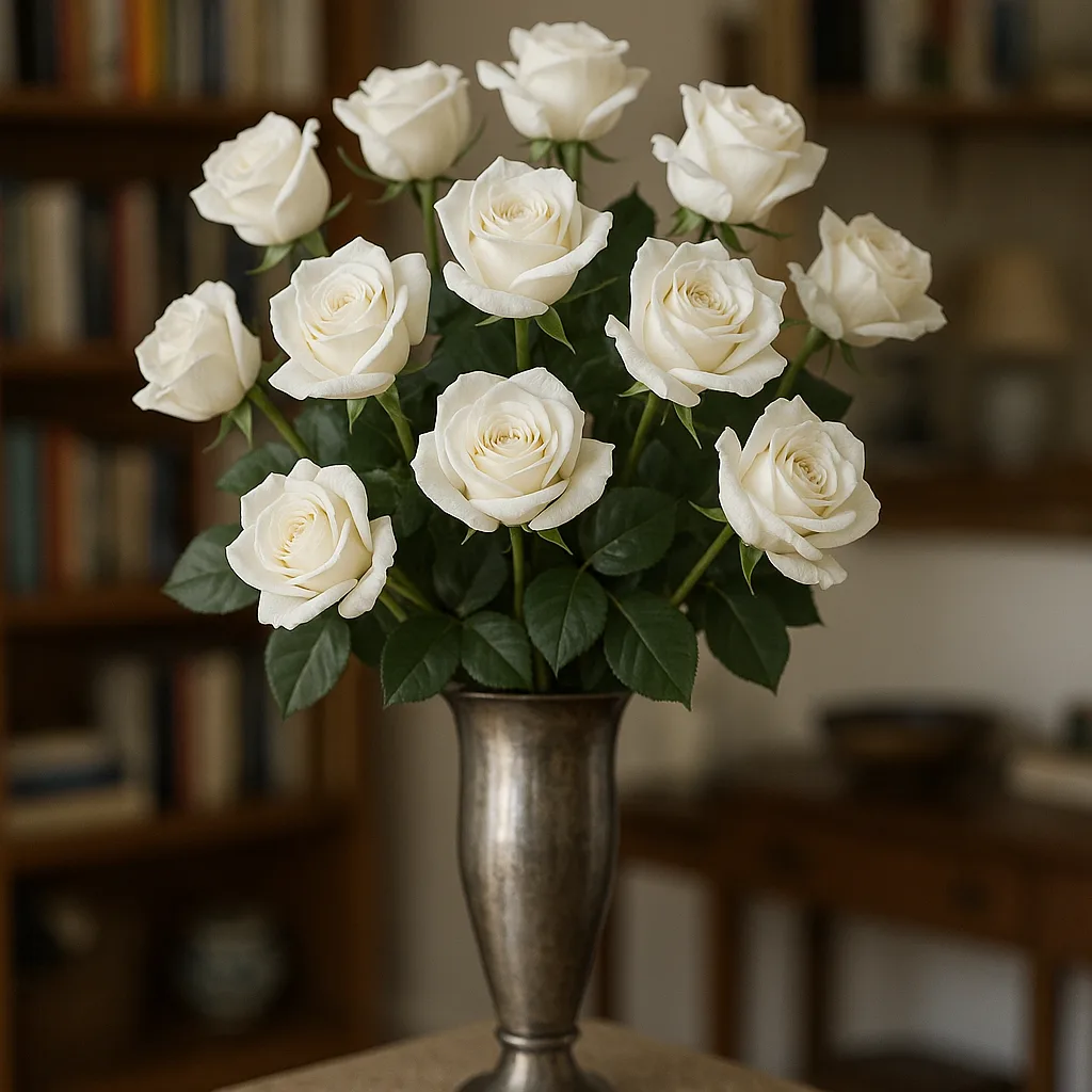 Tall Metallic Vase Holds a Bouquet of White Roses