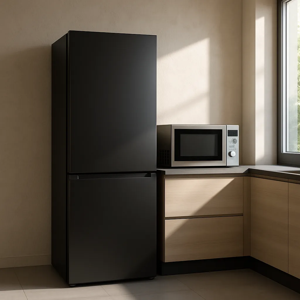 Matte Black Refrigerator Stands Beside a Small Stainless Steel Microwave