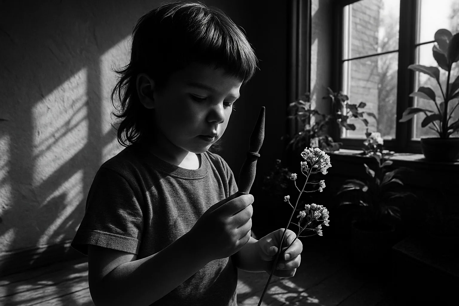 Pensive Child with a Mullet Gently Explores a Tapered Spindle