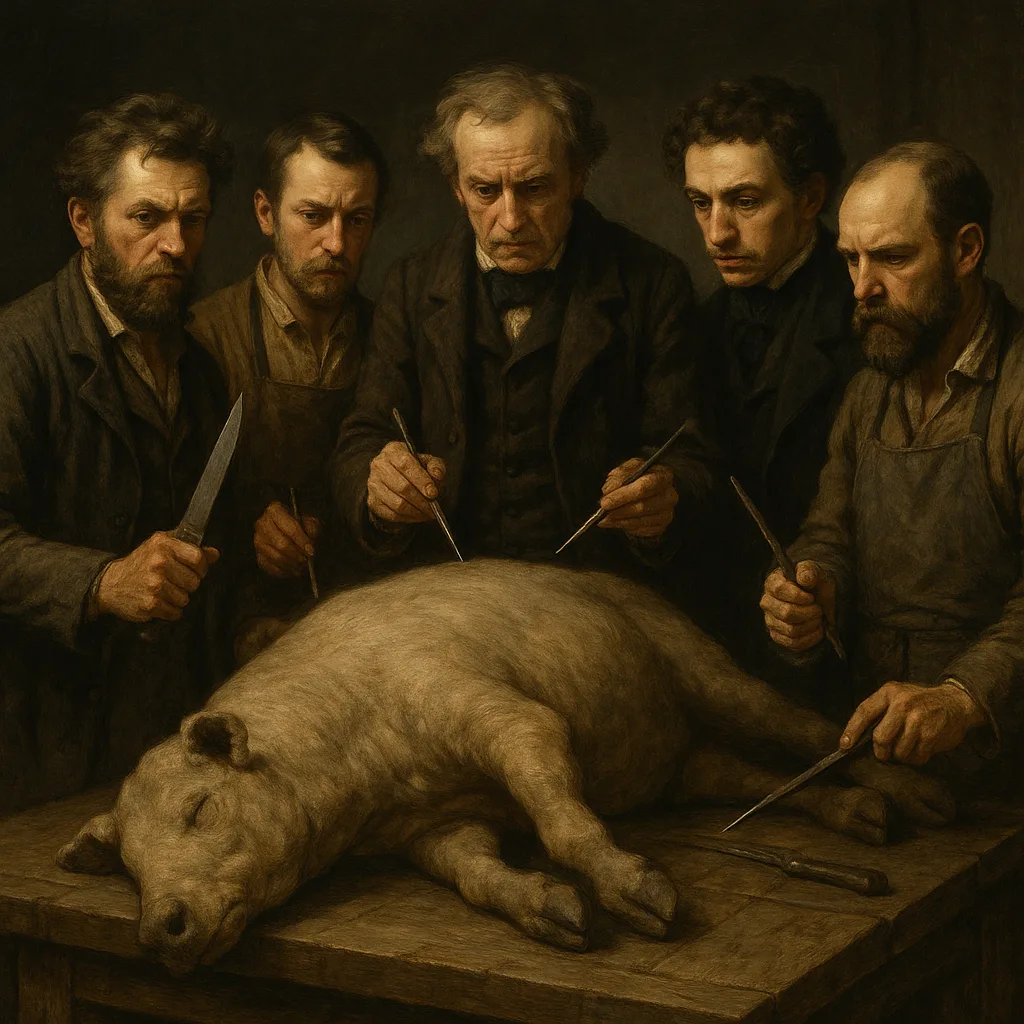 Large Animal Is Encircled by a Group of Men