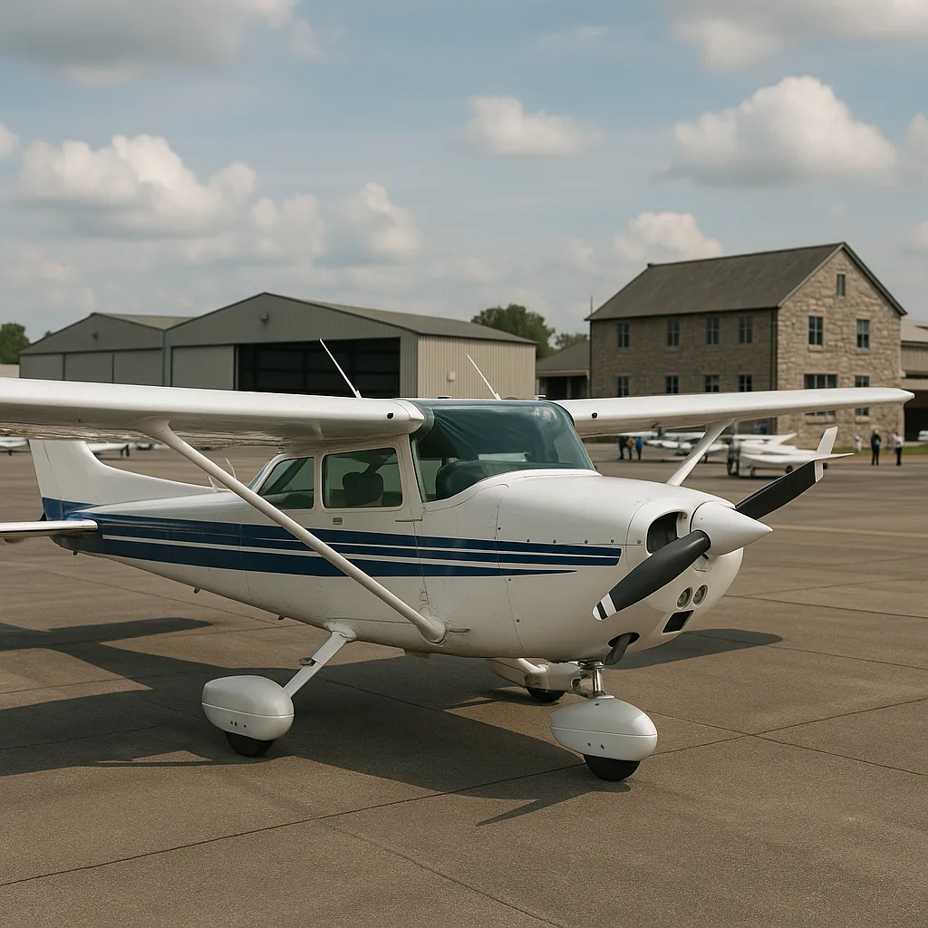 Single-engine Aircraft Parked on a Tarmac in Front of Hangars