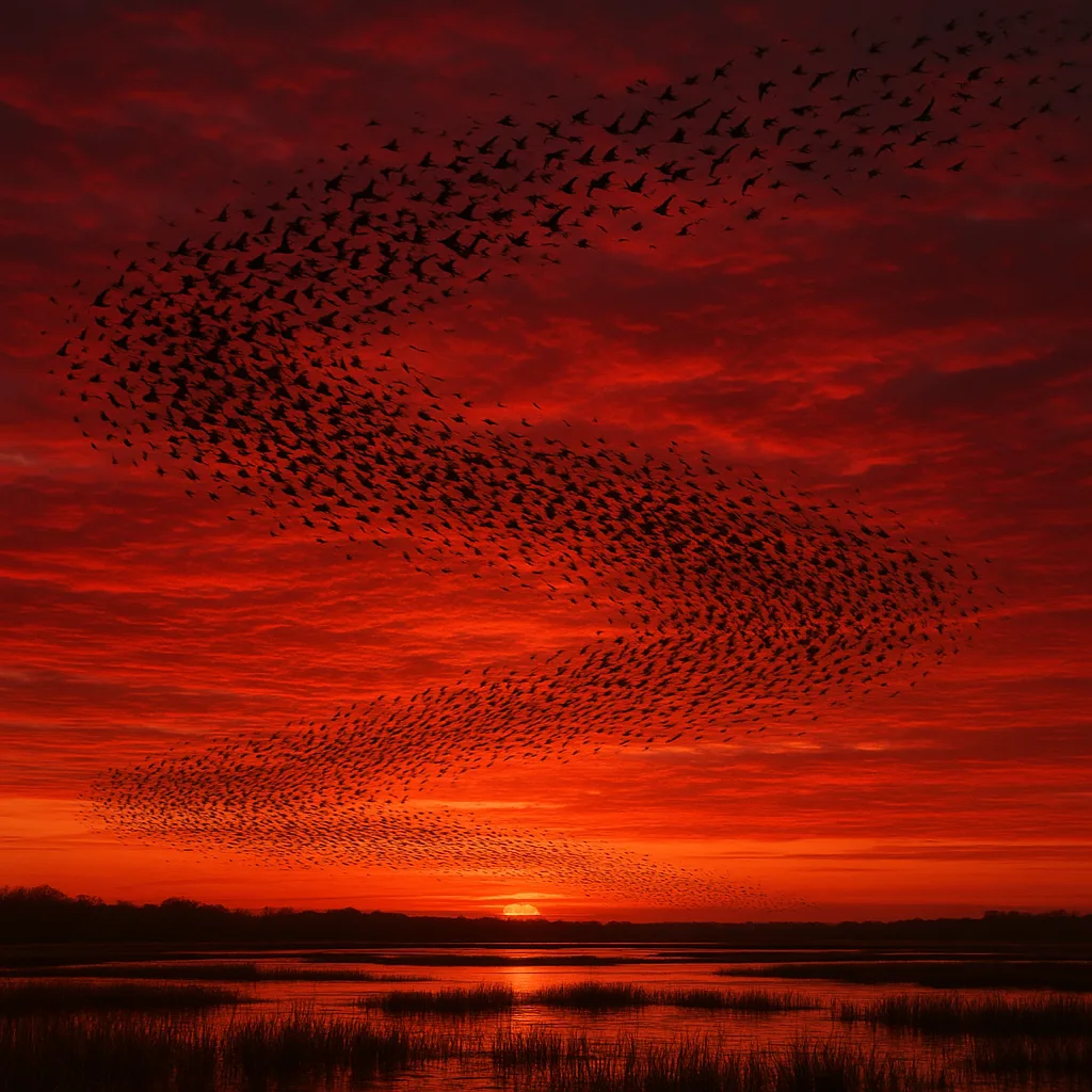 Vast Flock of Countless Migrating Birds Forms a Dynamic