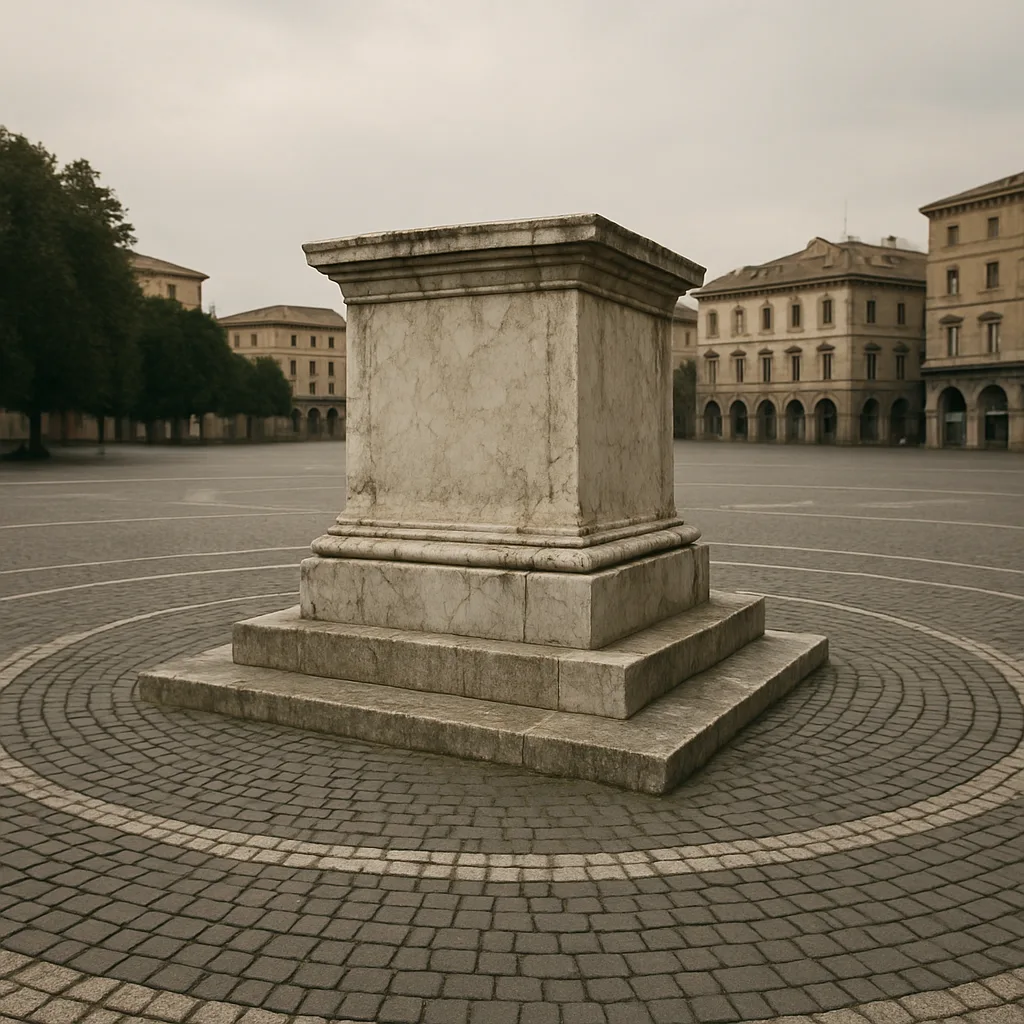 Expansive Square Centers Around a Weathered Marble Pedestal