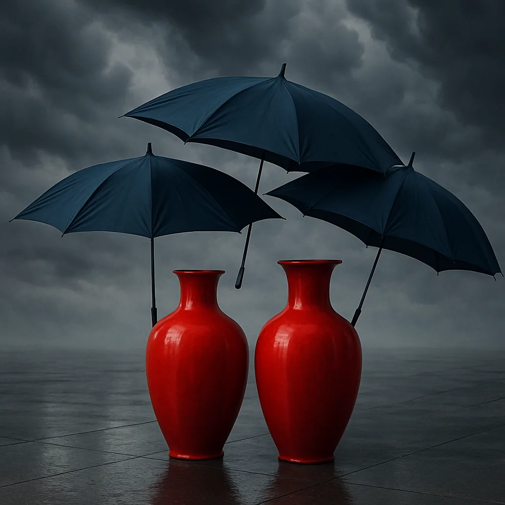 Beneath Three Open Navy Blue Umbrellas